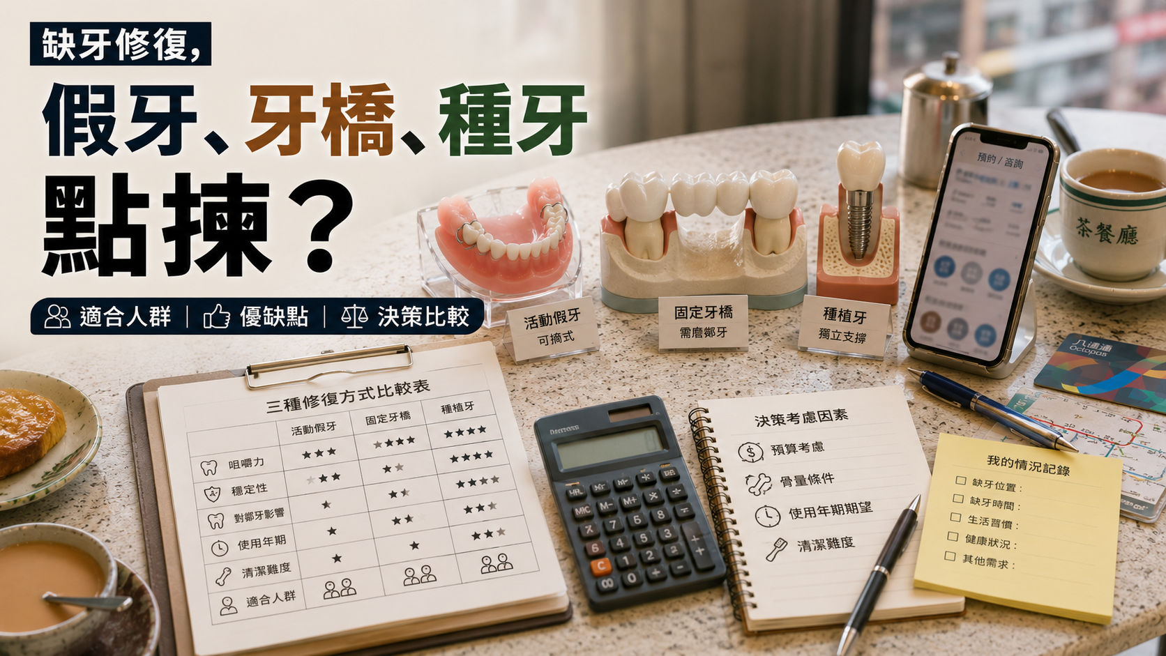 缺牙修復，假牙、牙橋、種牙點揀？
